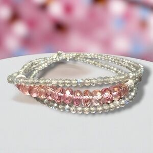 Natural Labradorite Pink Topaz Wrap Bracelet Long Necklace Solid 14k White Gold